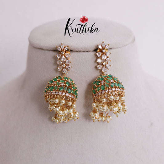 Beautiful CZ Sparkling Floral Pearl Jhumka Earrings E707 (Available in 2 colours)