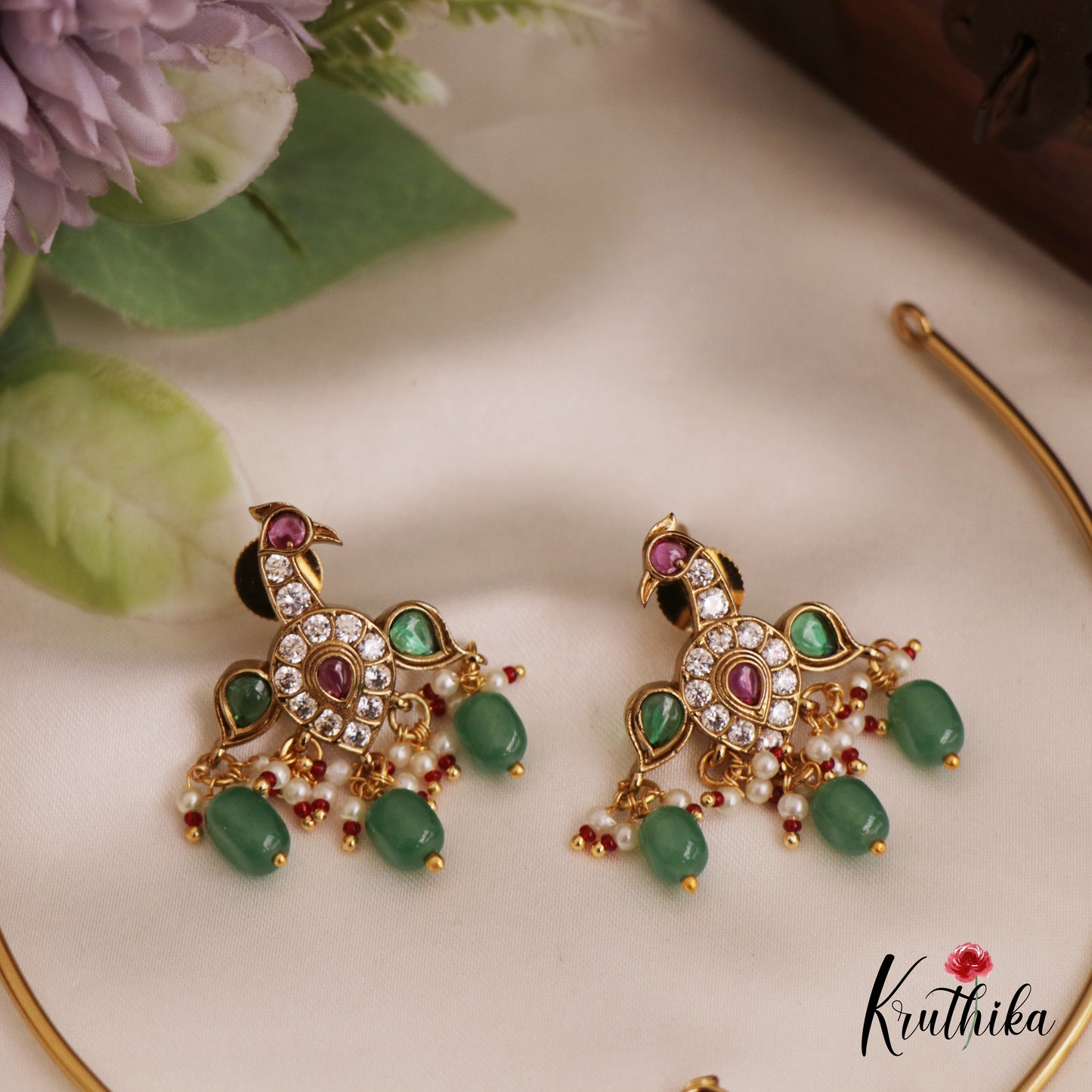 Trendy AD Peacock Motifs Jadau Hasli Necklace With Bead Drops NC2751 (Available in 3 Colors)