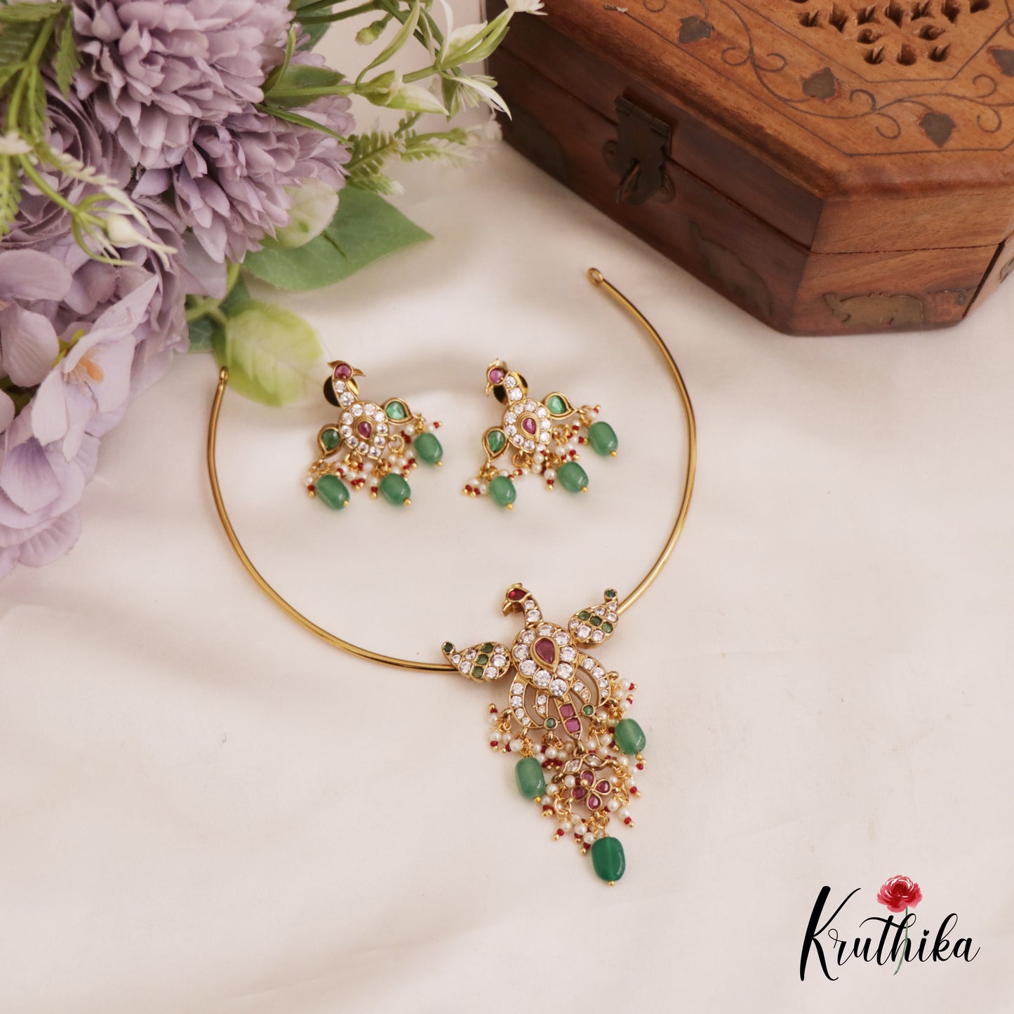 Trendy AD Peacock Motifs Jadau Hasli Necklace With Bead Drops NC2751 (Available in 3 Colors)
