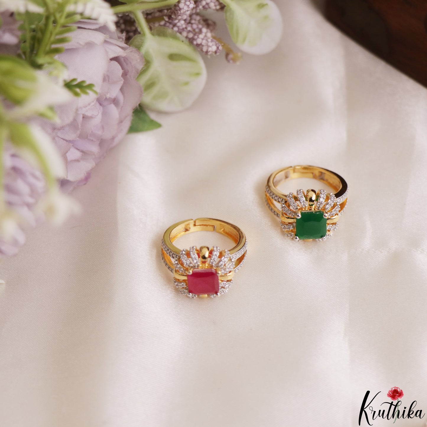 Trendy Floral Adjustable Gold-Tone CZ Finger Ring R62 (Available in 2 Colours)