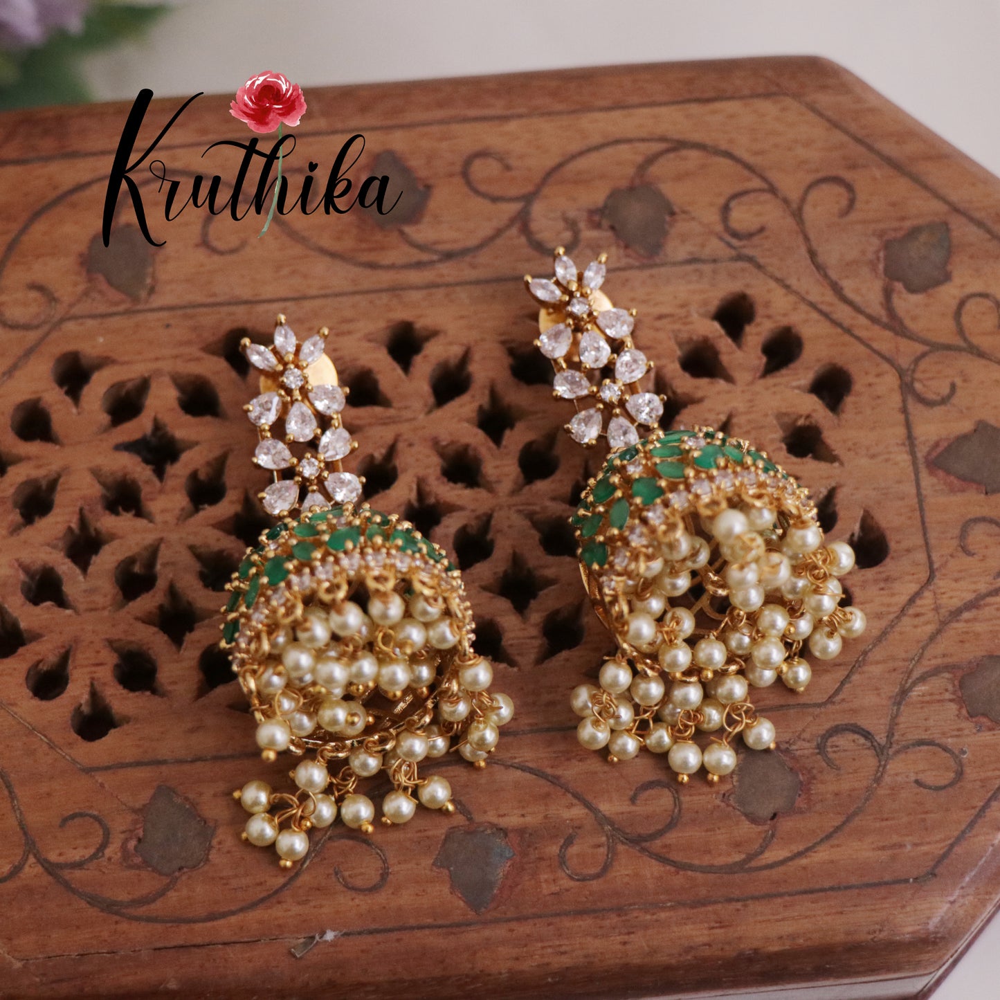 Beautiful CZ Sparkling Floral Pearl Jhumka Earrings E707 (Available in 2 colours)