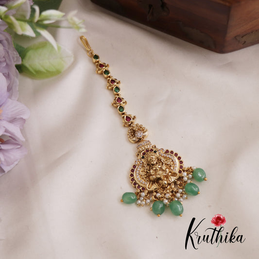 Classic Lakshmi Kemp Maang Tikka With Pearl And Bead Drops MT333 (Available In 2 Colors)
