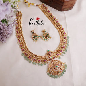 Grand Jadau Peacock Jalebi style Haaram with Mint Beads LH1899