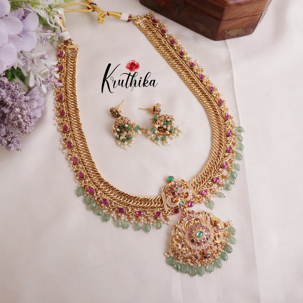 Grand Jadau Peacock Jalebi style Haaram with Mint Beads LH1899