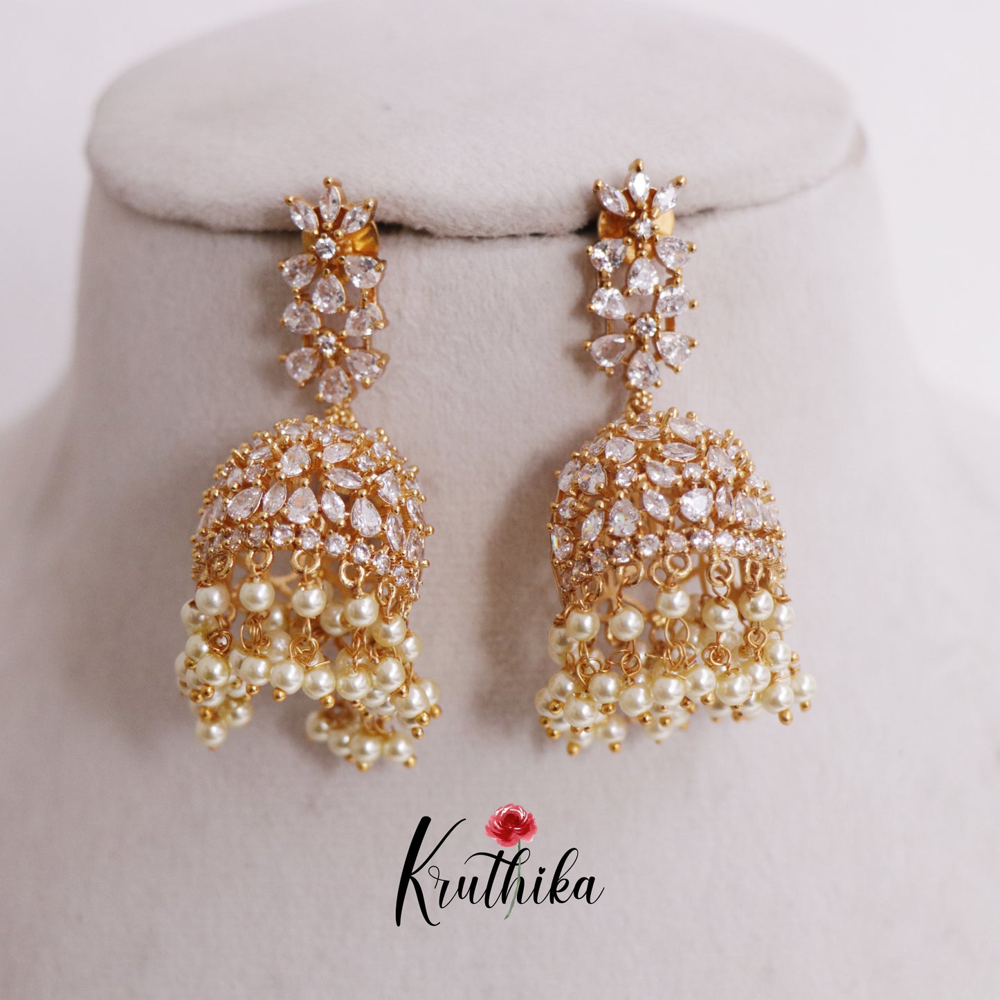 Beautiful CZ Sparkling Floral Pearl Jhumka Earrings E707 (Available in 2 colours)
