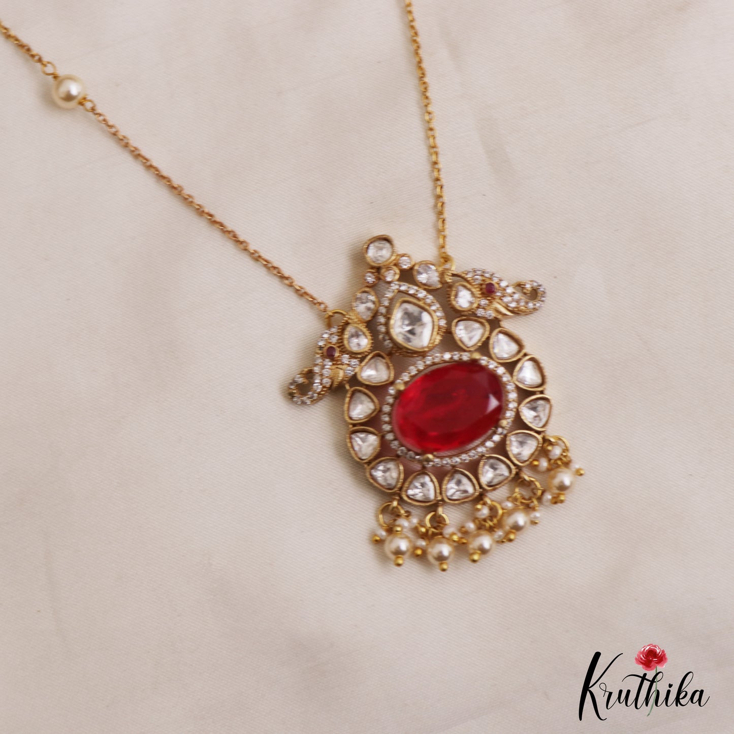 Sparkling Elephant Motifs Polki Victorian Pendant Chain Set LH2107 (Available In 4 Colors)