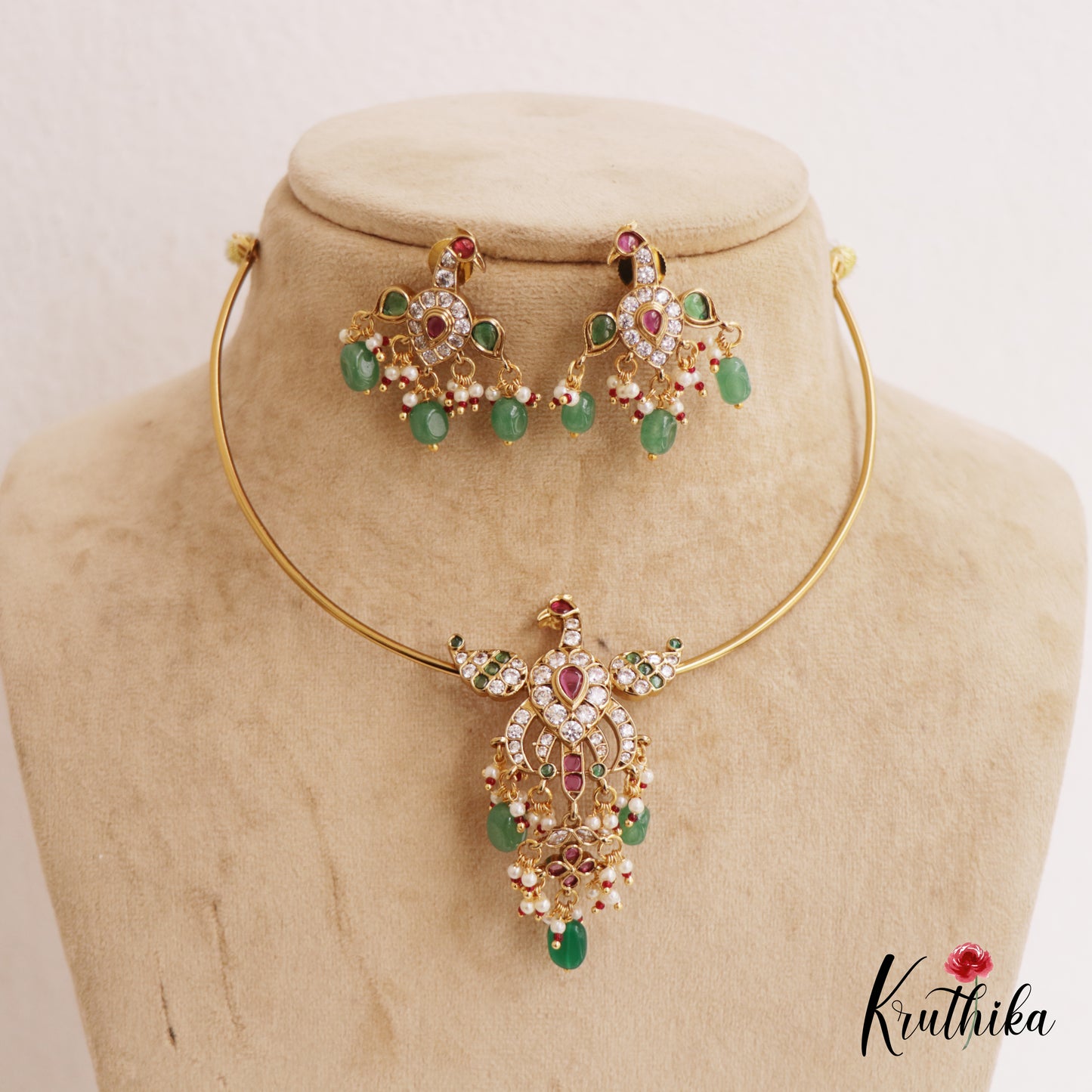 Trendy AD Peacock Motifs Jadau Hasli Necklace With Bead Drops NC2751 (Available in 3 Colors)