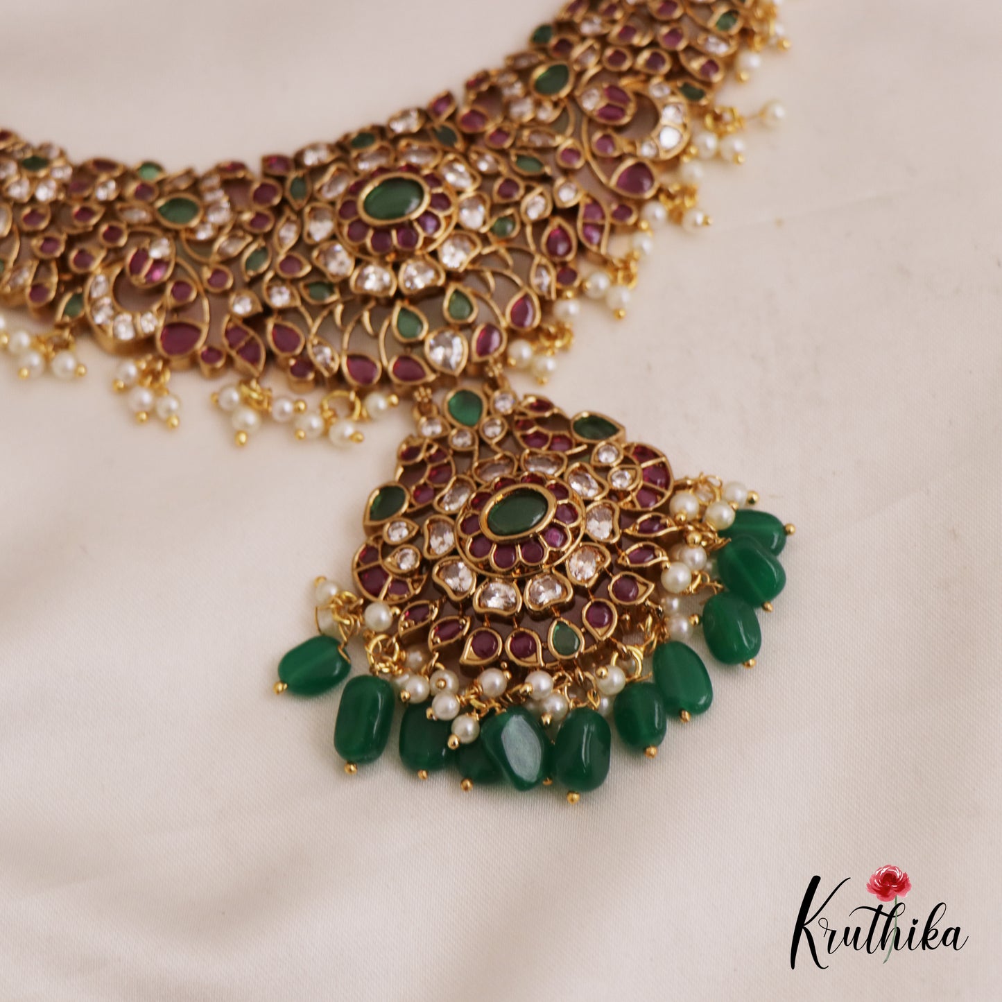 Premium Peacock Motifs Jadau Necklace With Green Bead Drops NC2749