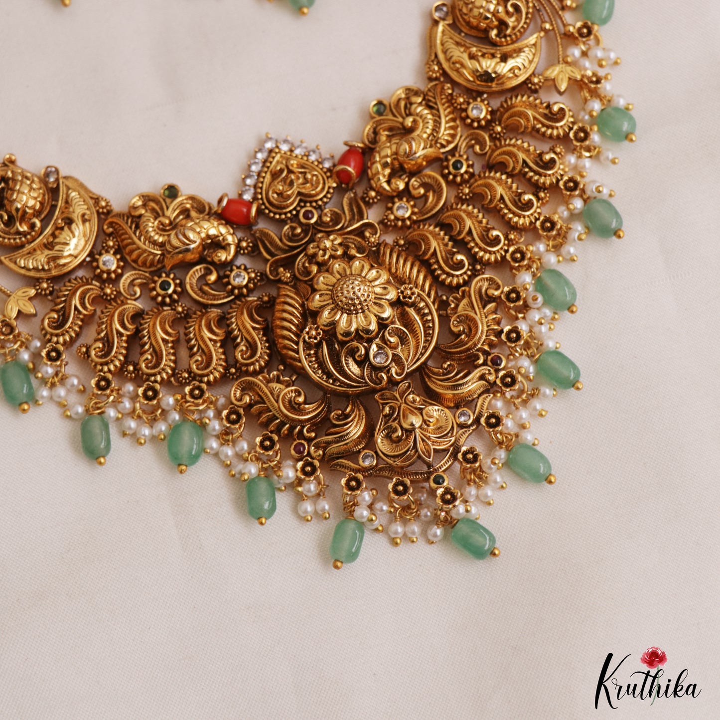 Gorgeous Antique Floral Peacock Motifs Necklace With Coral And Green Bead Drops NC3034