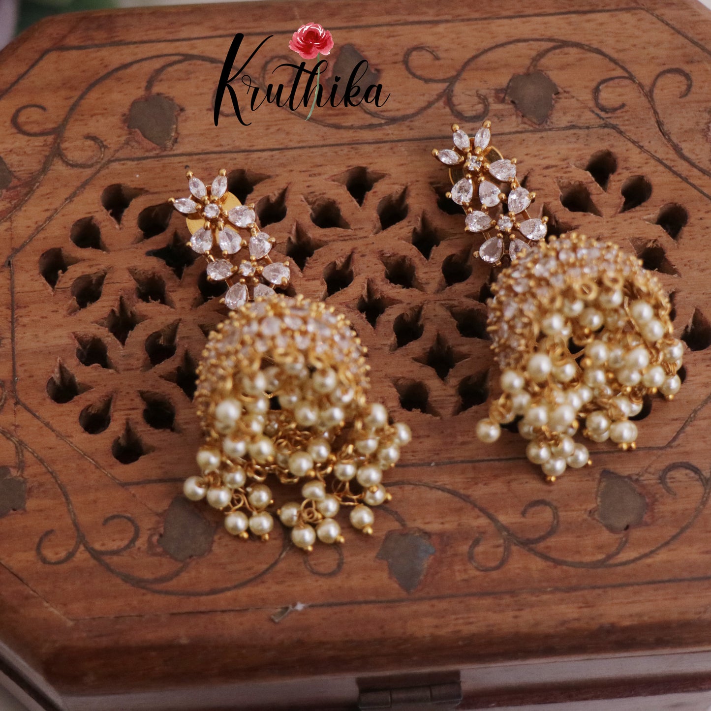 Beautiful CZ Sparkling Floral Pearl Jhumka Earrings E707 (Available in 2 colours)