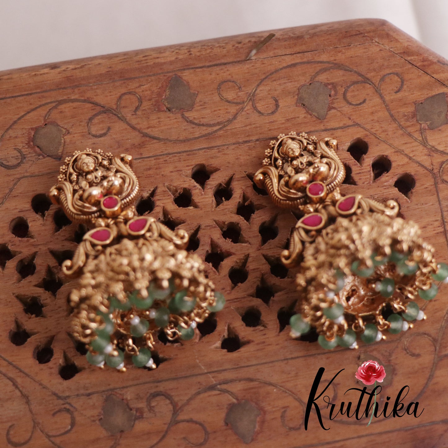 Royal Lakshmi Antique Jadau Jhumkas with Pastel Green Beads E487