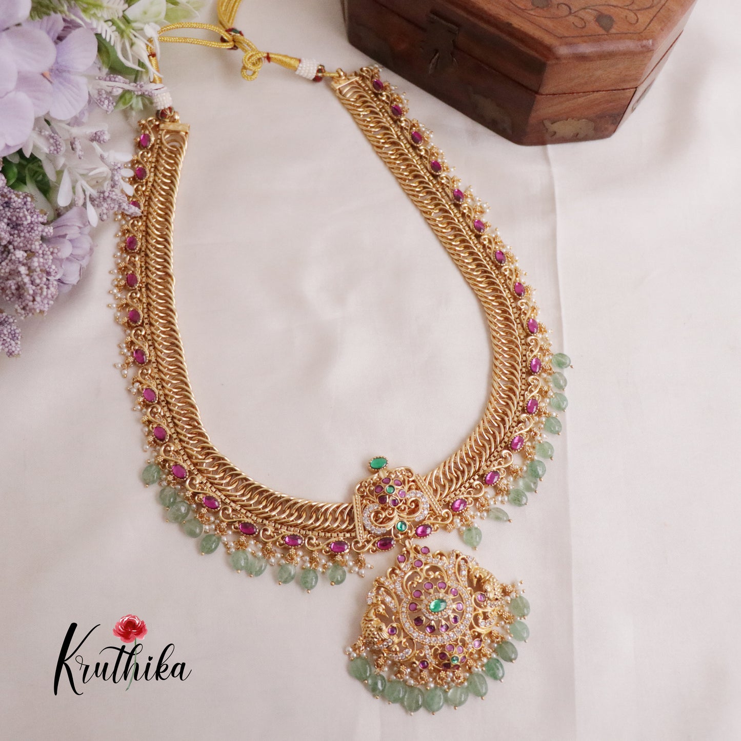 Grand Jadau Peacock Jalebi style Haaram with Mint Beads LH1899