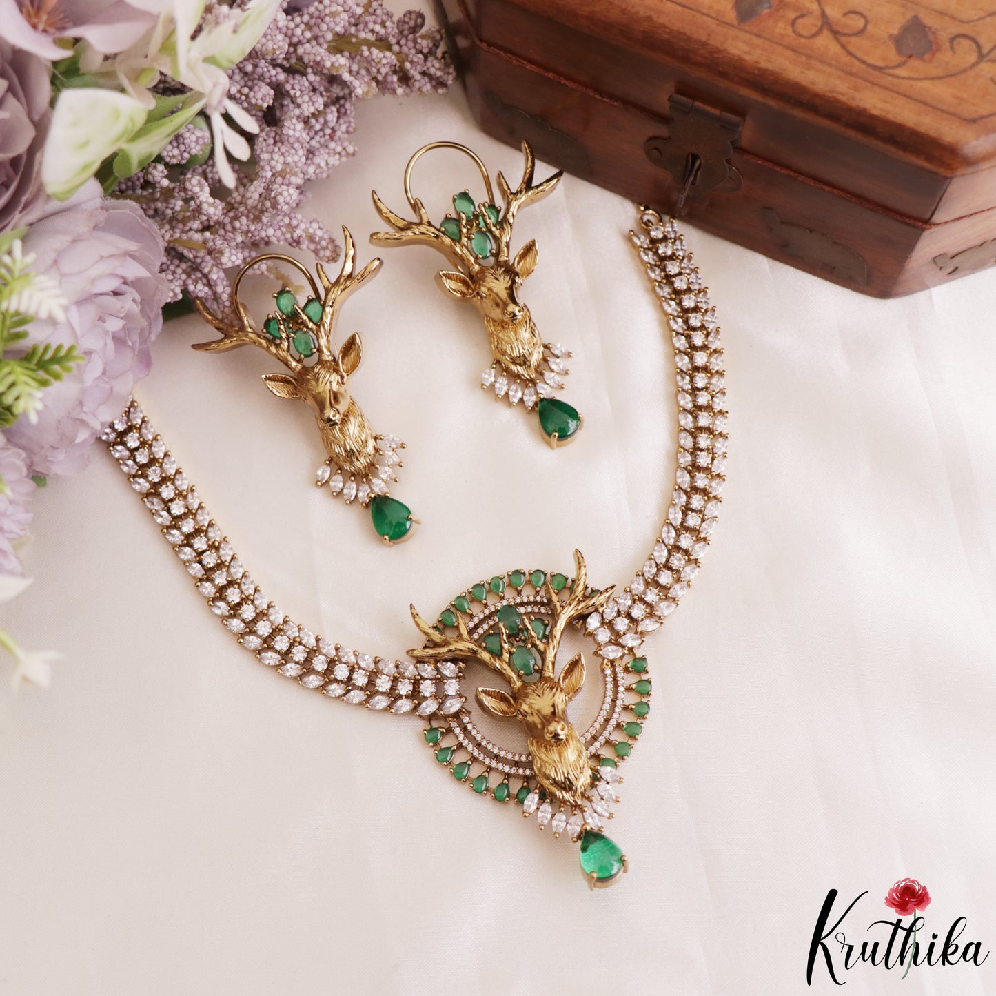 Stunning Deer Motifs CZ Victorian Necklace NC3151 (Available In 4 Colors)