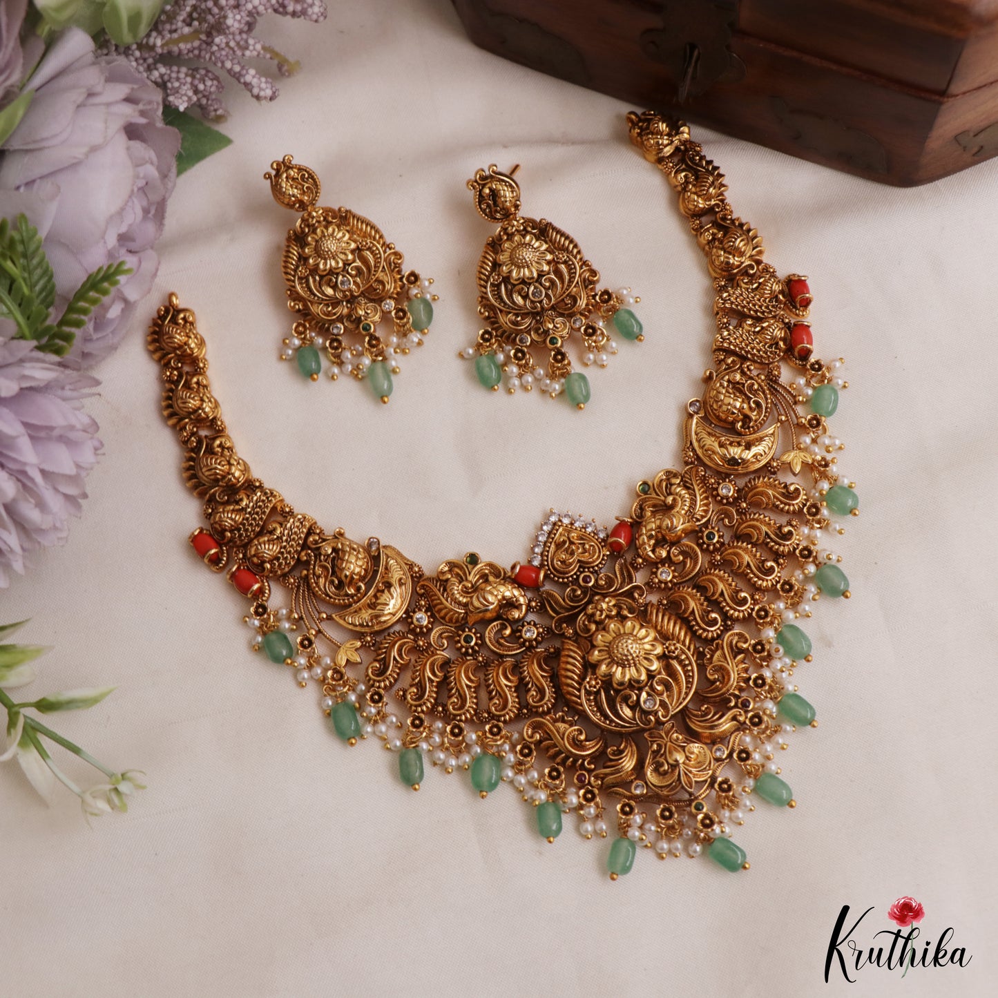 Gorgeous Antique Floral Peacock Motifs Necklace With Coral And Green Bead Drops NC3034