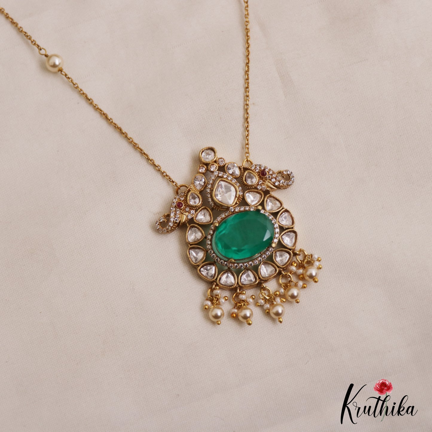Sparkling Elephant Motifs Polki Victorian Pendant Chain Set LH2107 (Available In 4 Colors)