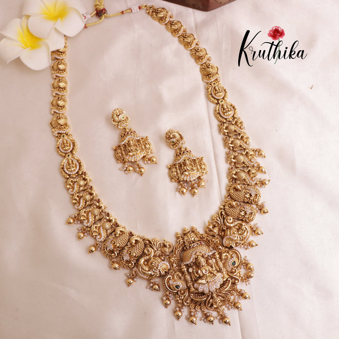 Premium Temple Lakshmi Peacock Haaram with Golden beads LH1830