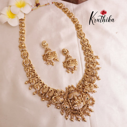 Premium Temple Lakshmi Peacock Haaram with Golden beads LH1830