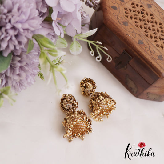 Beautiful Lakshmi Peacock Jhumkas with Golden Beads Drops E902