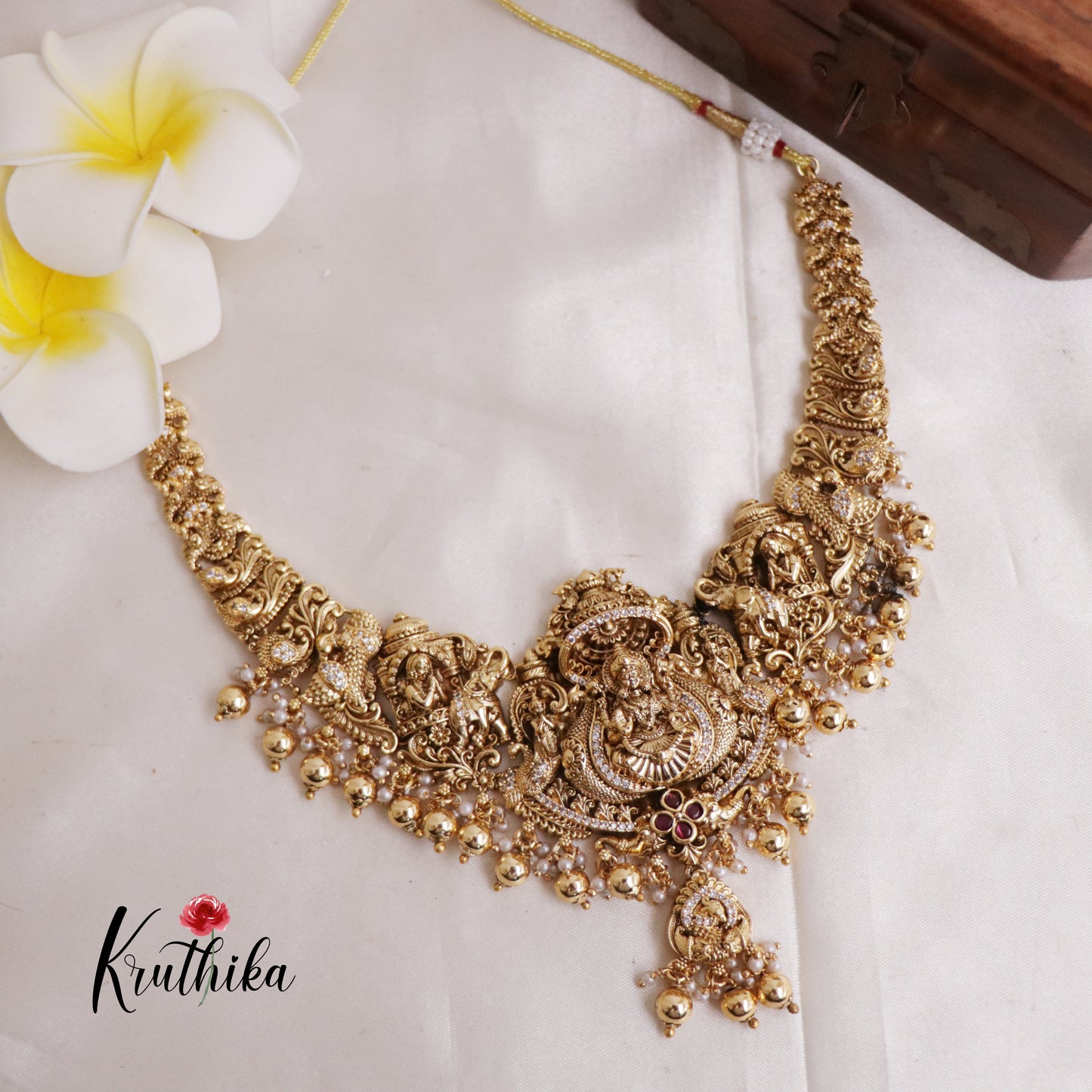 Premium Temple Lakshmi Necklace with Golden beads NC1834