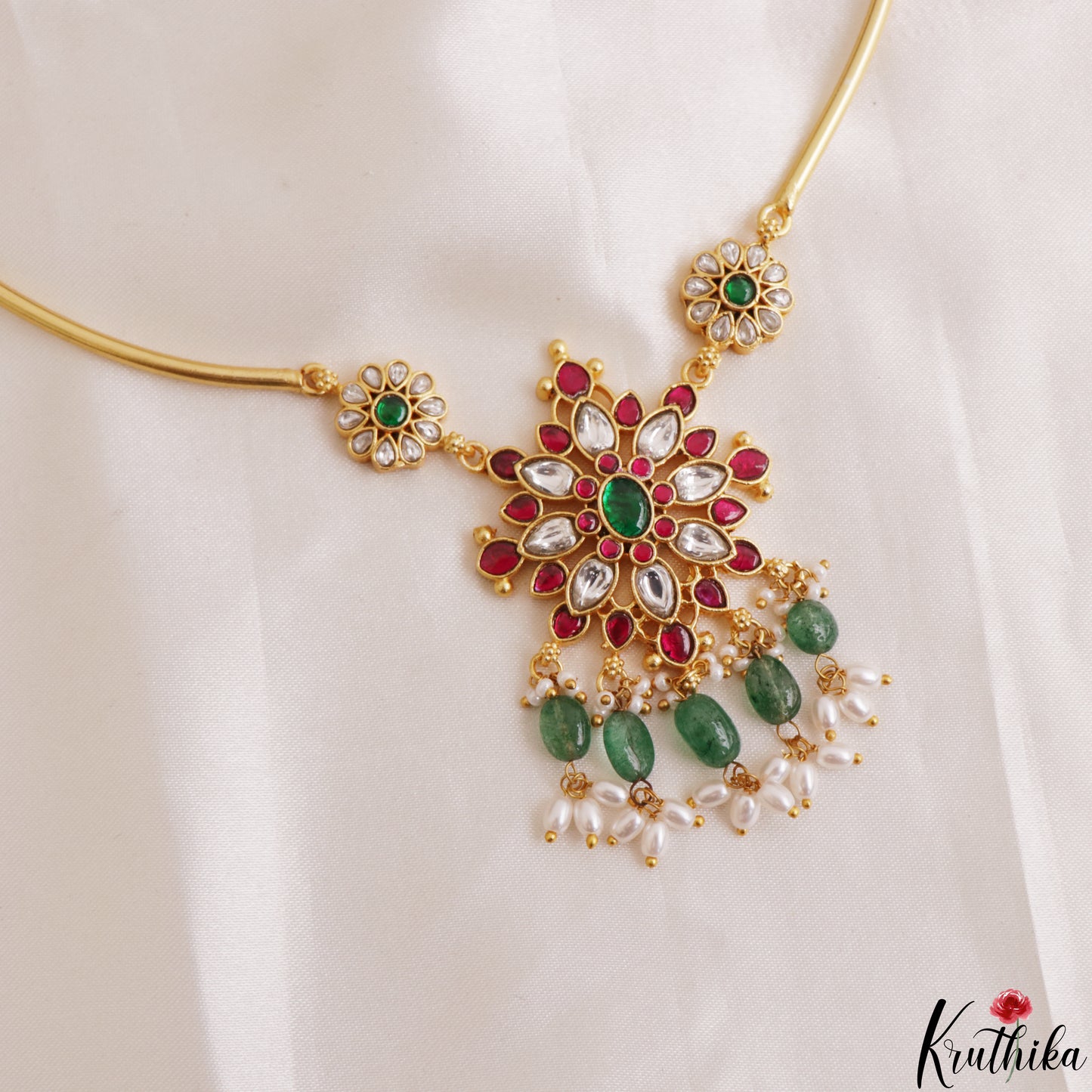 Pretty Floral Motifs Jadau Hasli Choker With Green Bead Drops NC3199