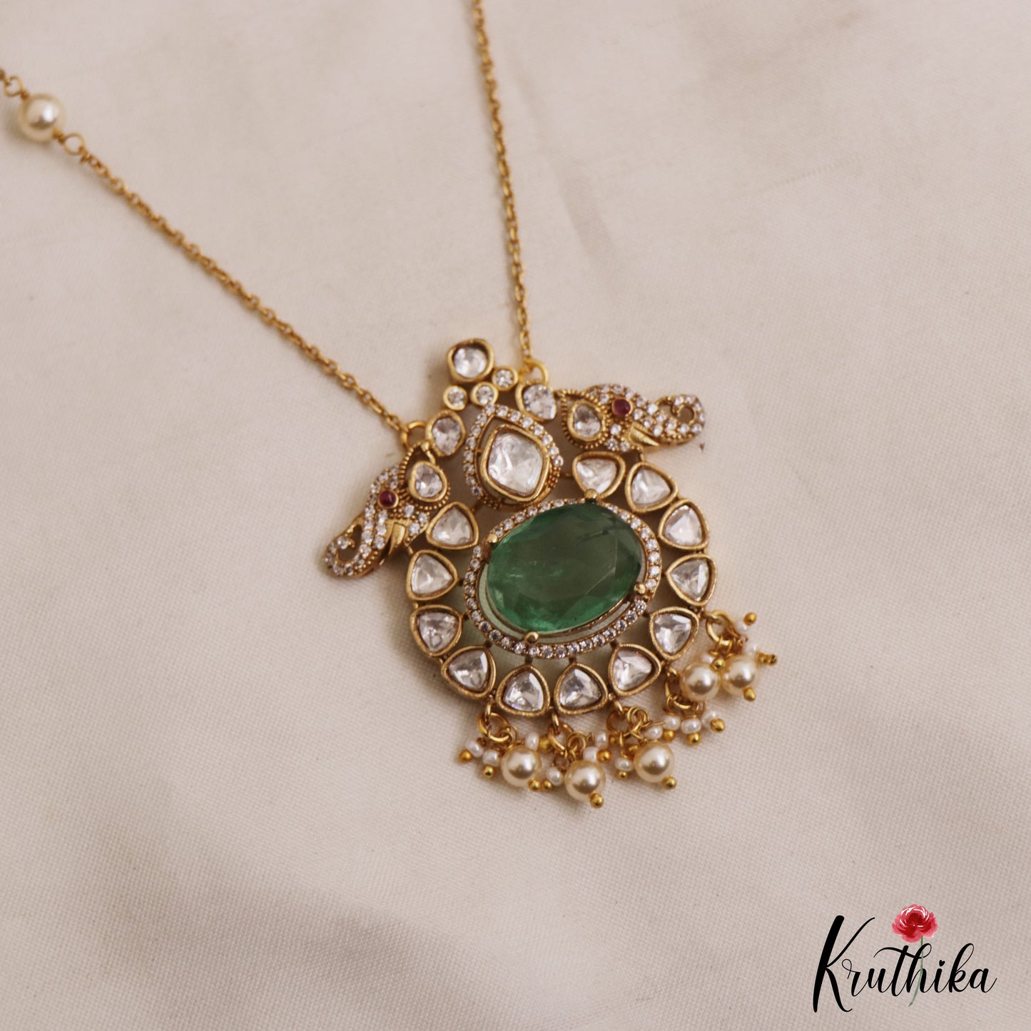 Sparkling Elephant Motifs Polki Victorian Pendant Chain Set LH2107 (Available In 4 Colors)