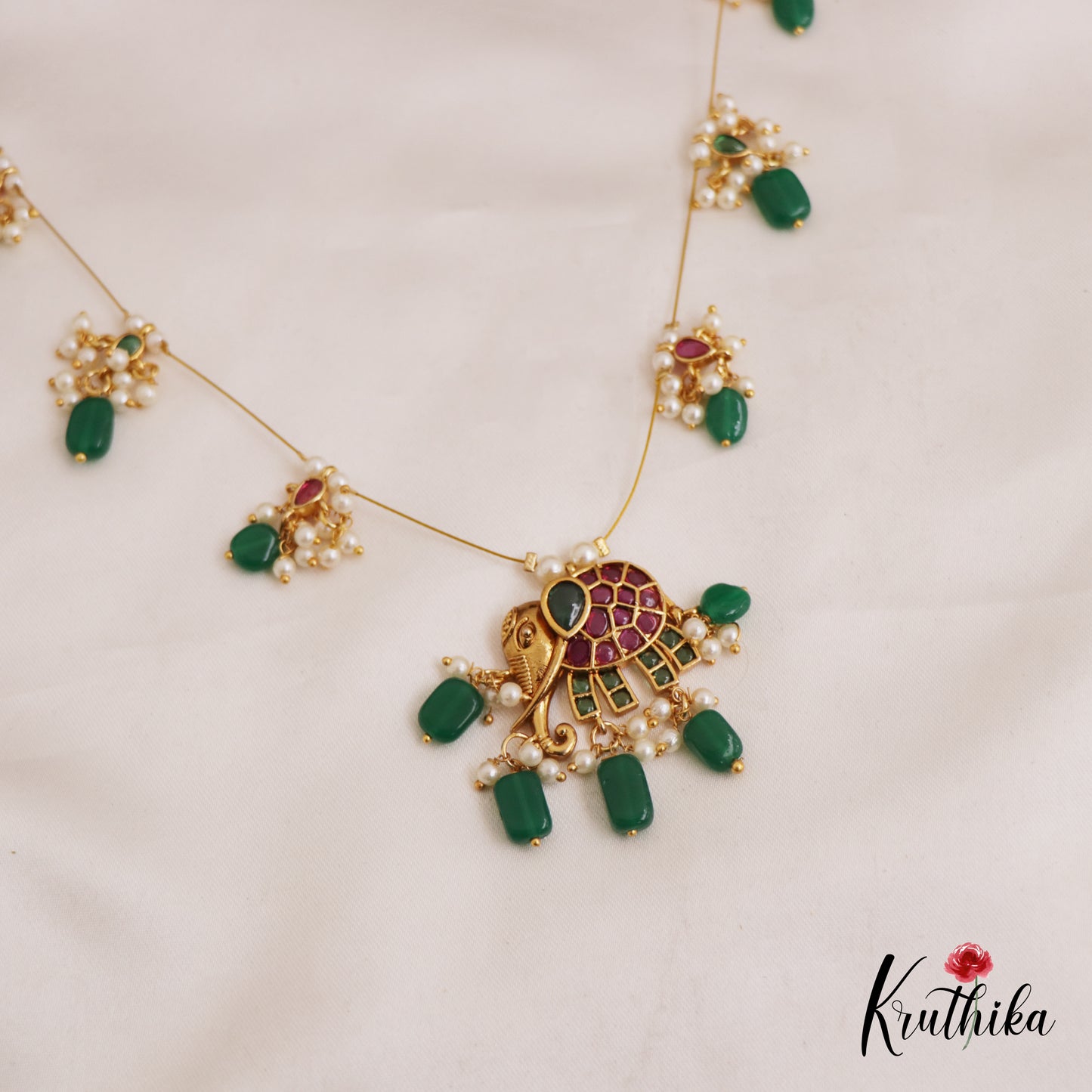 Classic Elephant Motifs Jadau Invisible Chain With Green Bead Drops NC2741