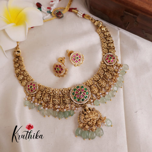 Beautiful Flower Lakshmi Necklace with Pastel Green Beads NC1916