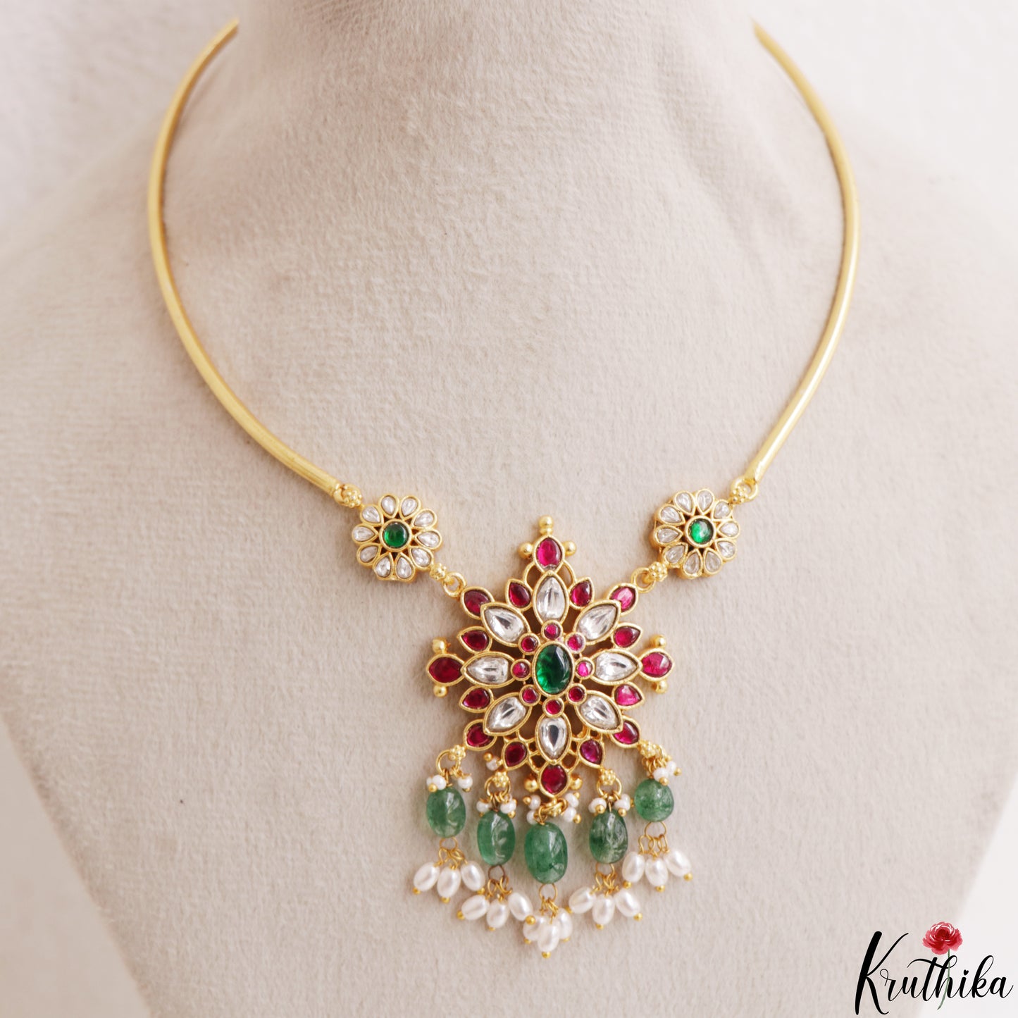 Pretty Floral Motifs Jadau Hasli Choker With Green Bead Drops NC3199