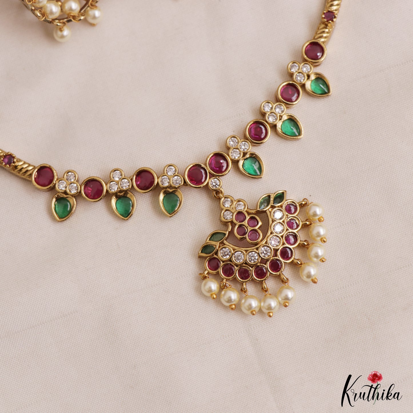 Elegant Leaf Motifs Jadau Hasli Necklace With Pearl Drops NC3008 (Available In 2 Colors)