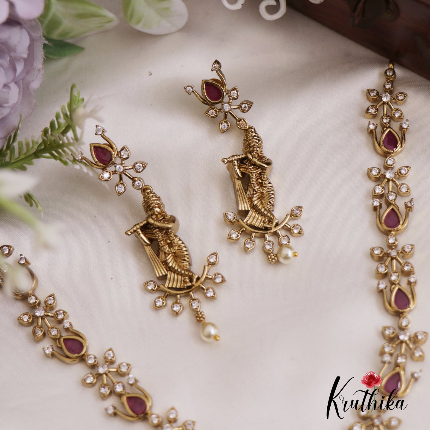 Elegant Lord Krishna Motifs Kemp Necklace With Pearl Drop NC2666