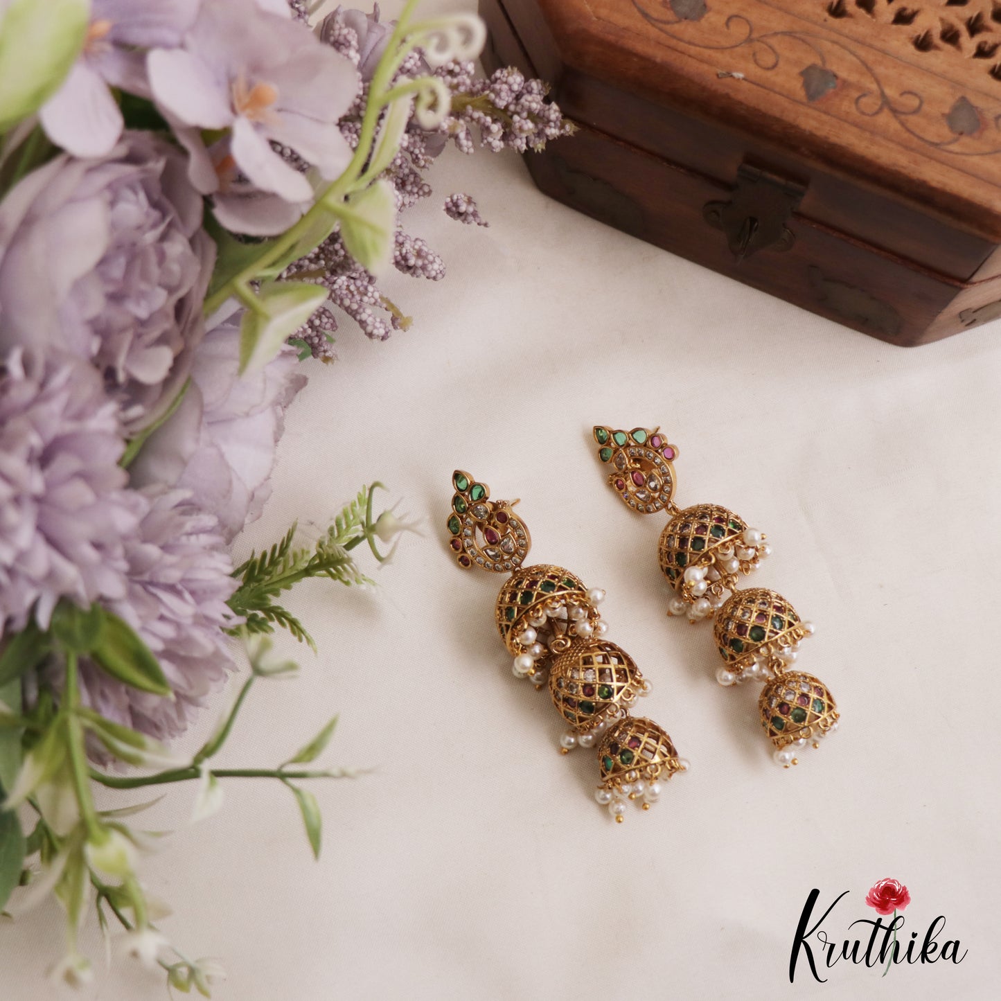 Stunning Peacock Motifs Three Tier Jhumkas With Pearl Drops E1137