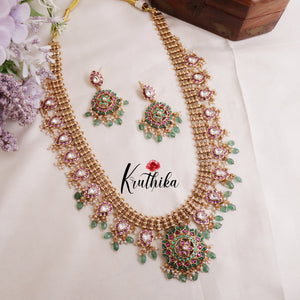 Beautiful No-Idol Jadau Floral Haaram with Pastel Green Beads LH1902