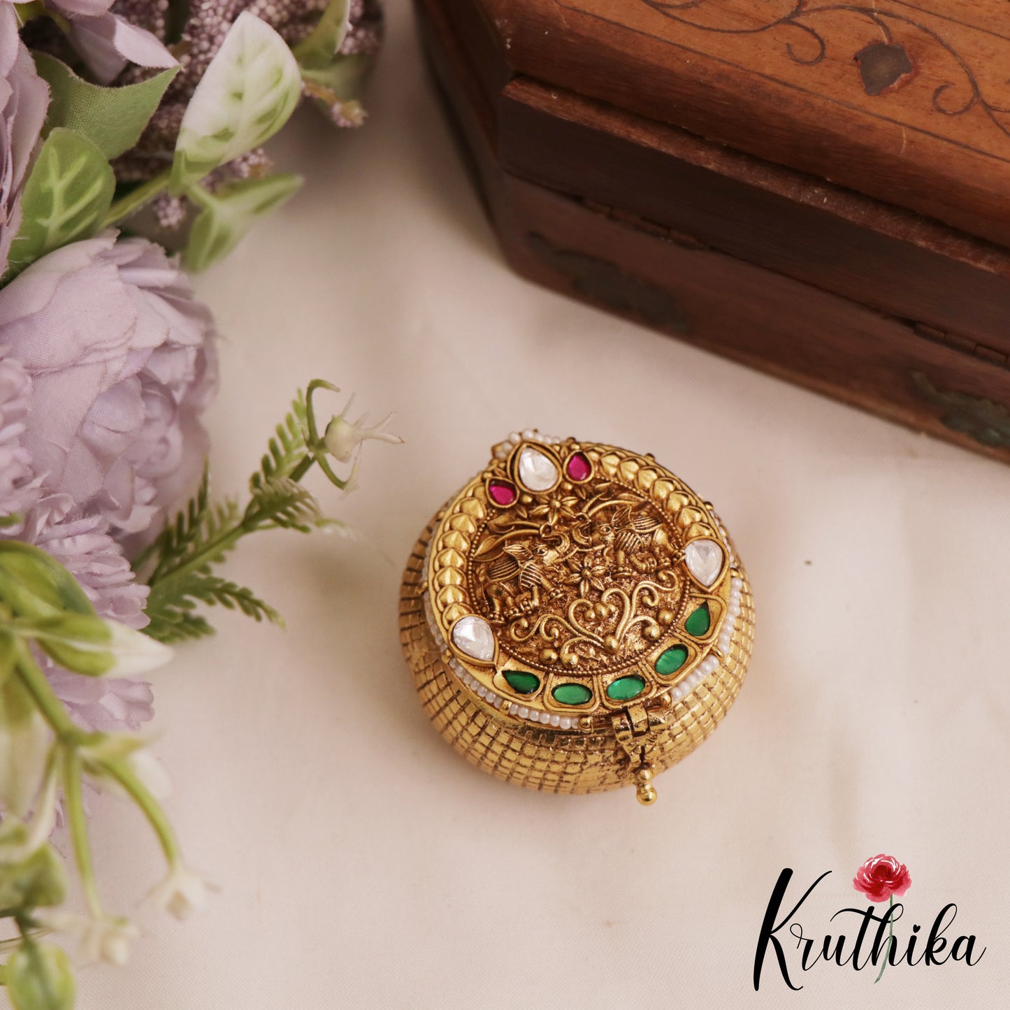 Beautiful Antique Elephant Motifs Kumkum Box K23 (Available In 4 Colors)