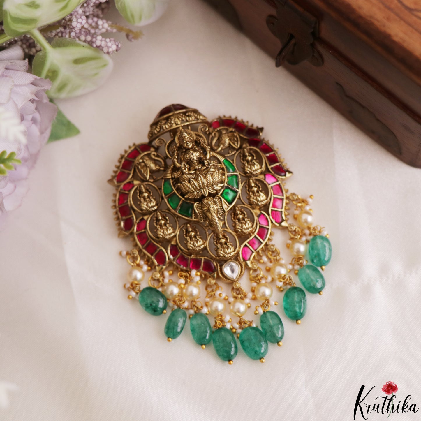 Premium Antique Nagas Lakshmi Motifs Jadau Pendant With Green Bead Drops PS304