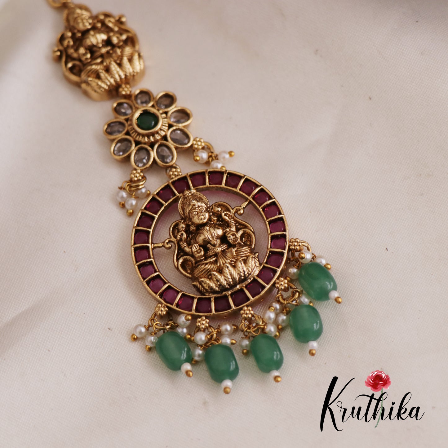 Stunning Antique Lakshmi Kemp Maang Tikka With Pearl And Bead Drops MT329 (Available In 2 Colors)
