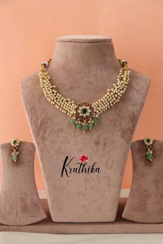 Pretty White Pearls Kempu Necklace with Green Beads NC1309