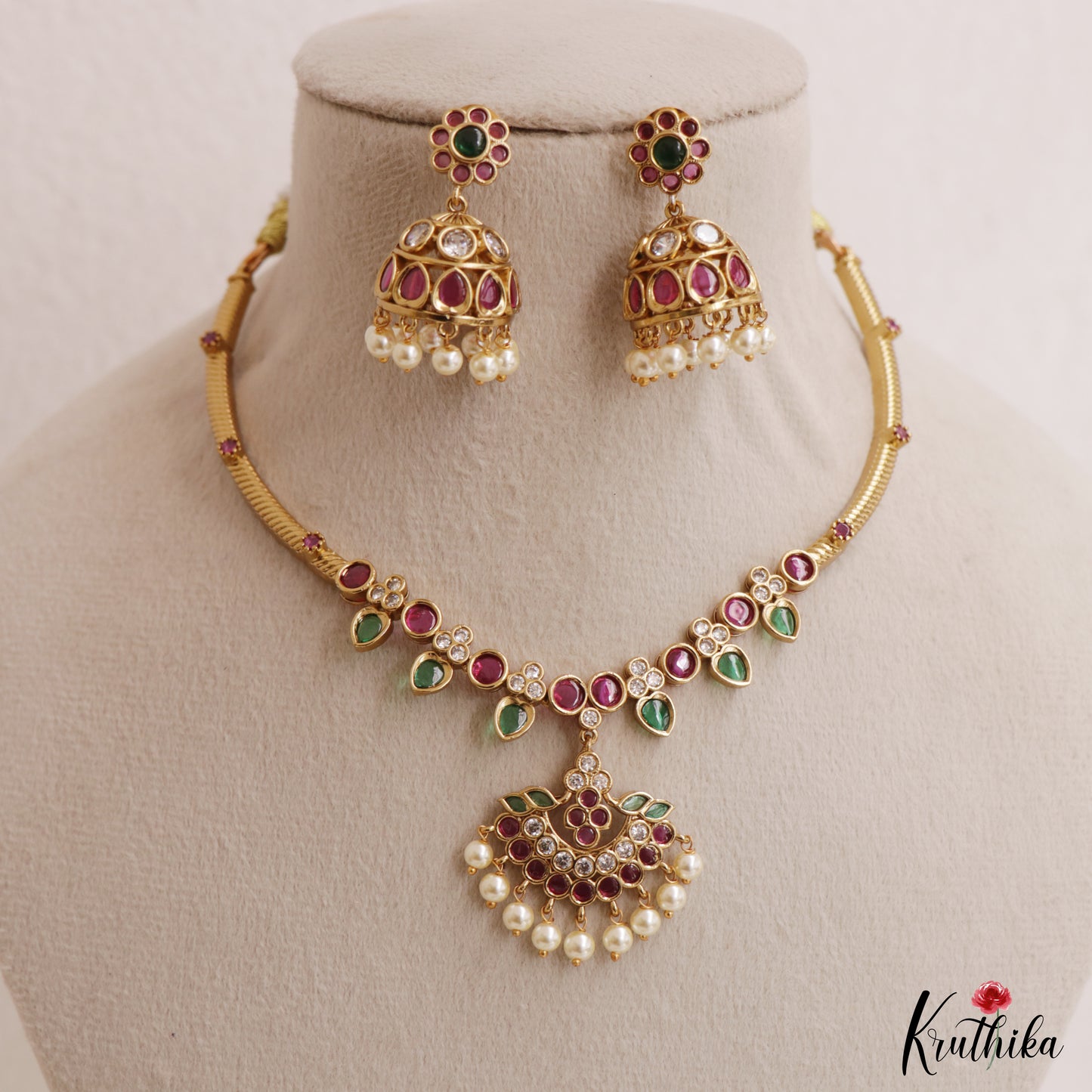 Elegant Leaf Motifs Jadau Hasli Necklace With Pearl Drops NC3008 (Available In 2 Colors)