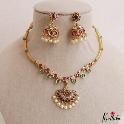 Elegant Leaf Motifs Jadau Hasli Necklace With Pearl Drops NC3008 (Available In 2 Colors)