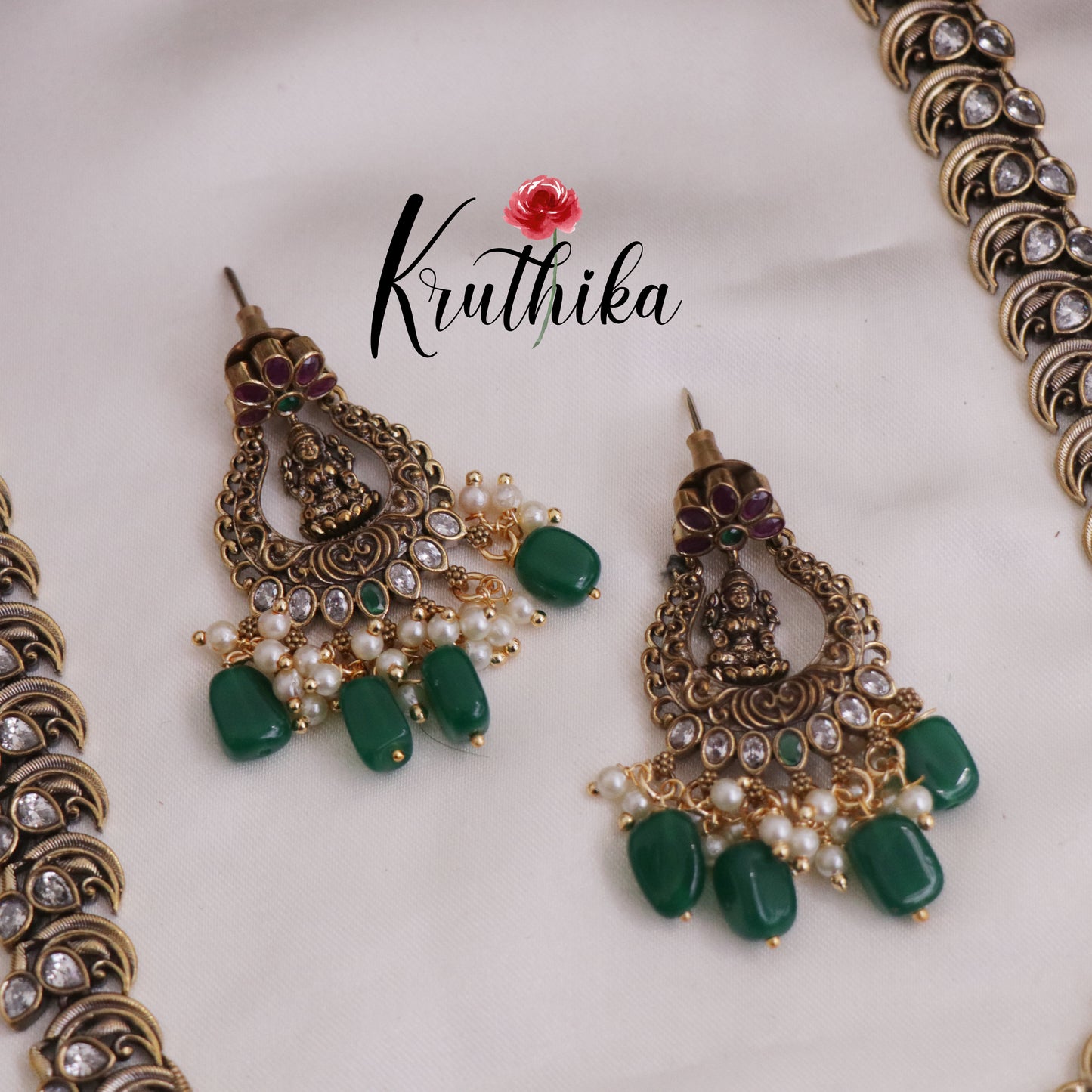 Royal Antique Victorian Kundan Lakshmi Pendant Necklace with Green Beads Drops LH1979