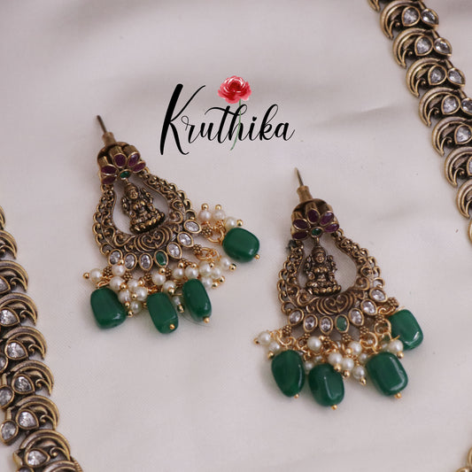 Royal Antique Victorian Kundan Lakshmi Pendant Necklace with Green Beads Drops LH1979