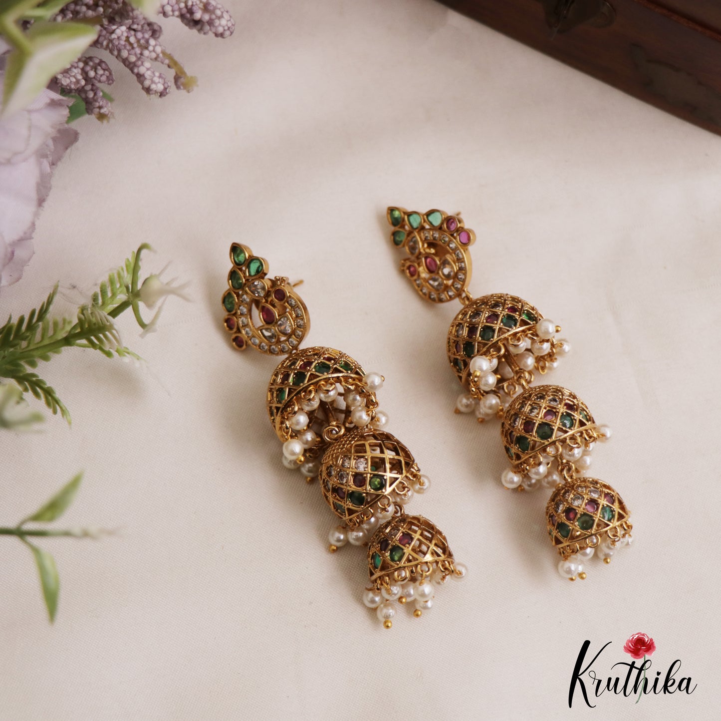 Stunning Peacock Motifs Three Tier Jhumkas With Pearl Drops E1137