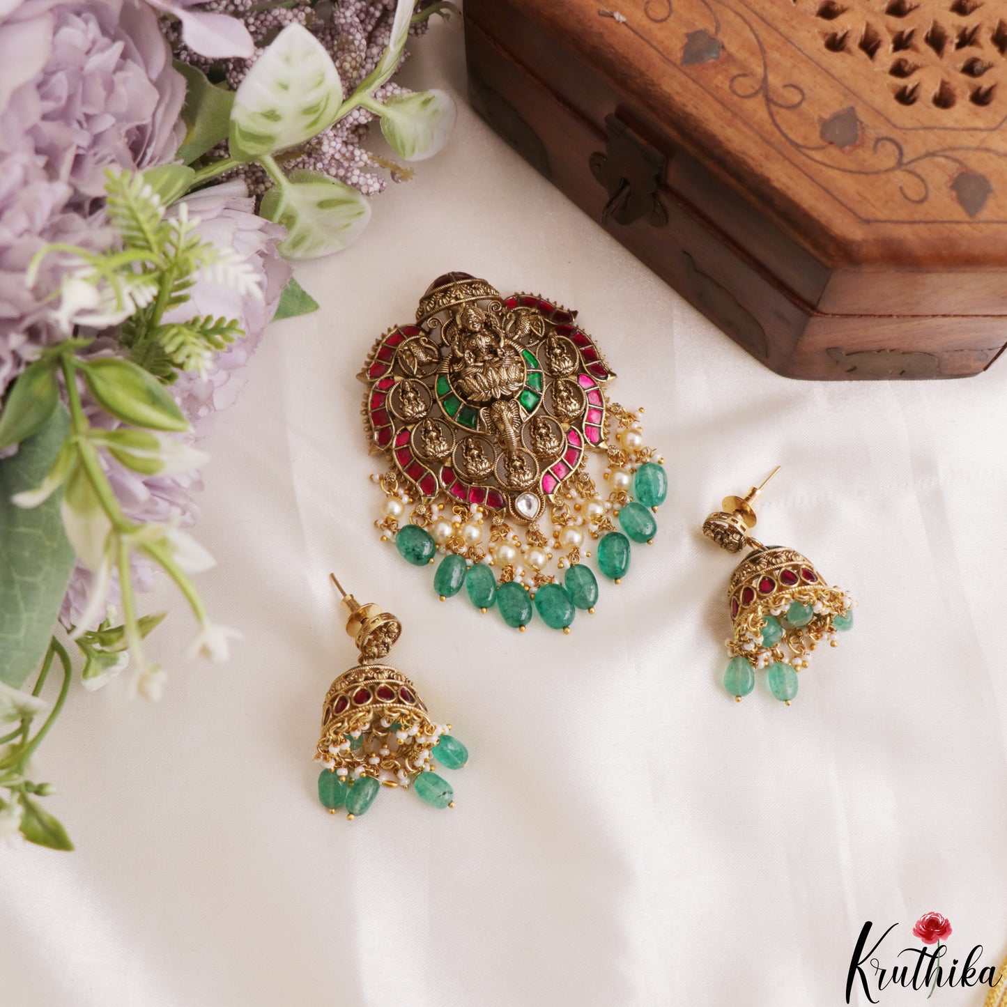 Premium Antique Nagas Lakshmi Motifs Jadau Pendant Set With Green Bead Drops PS305