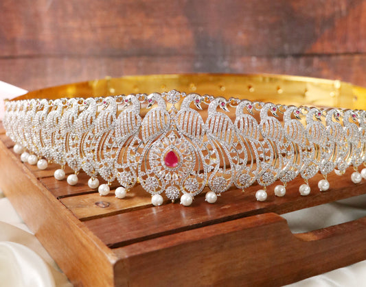 Sparkling American Diamond Gold finish Ruby Hip belt V168