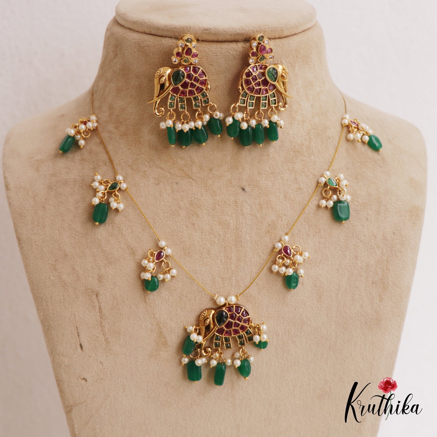 Classic Elephant Motifs Jadau Invisible Chain With Green Bead Drops NC2741