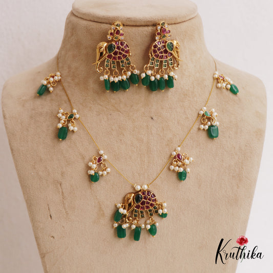 Classic Elephant Motifs Jadau Invisible Chain With Green Bead Drops NC2741