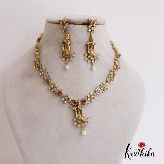Elegant Lord Krishna Motifs Kemp Necklace With Pearl Drop NC2666
