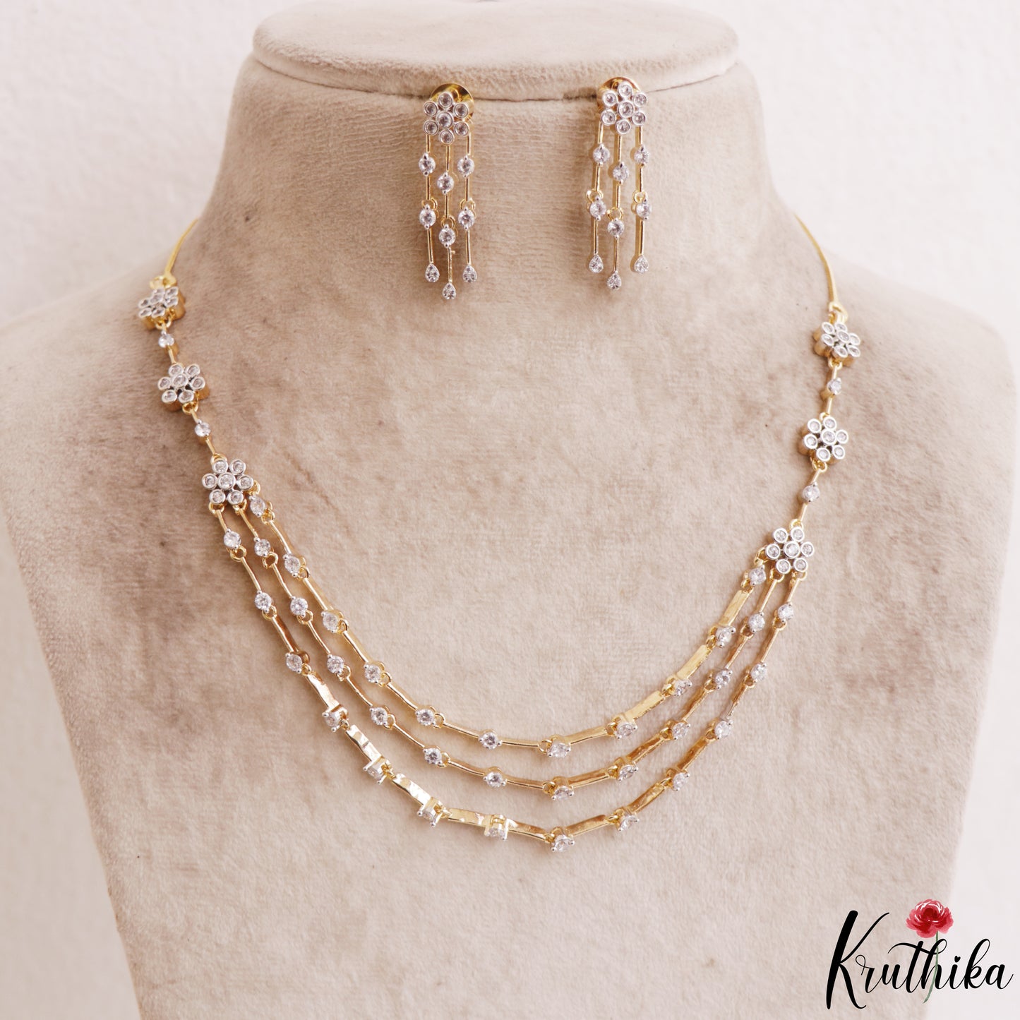 Elegant Floral Motifs Multi Layered Gold-Tone AD Necklace NC3168