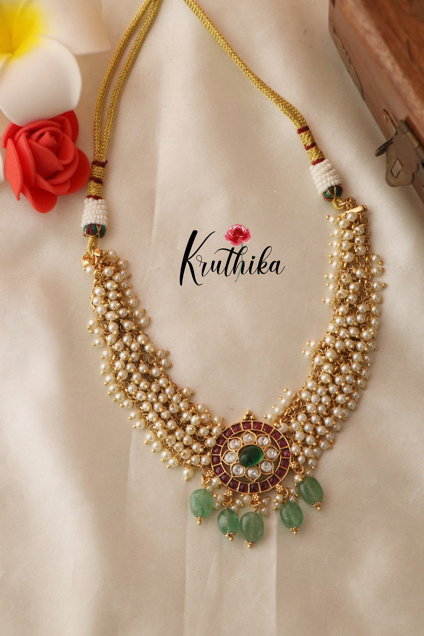 Pretty White Pearls Kempu Necklace with Green Beads NC1309
