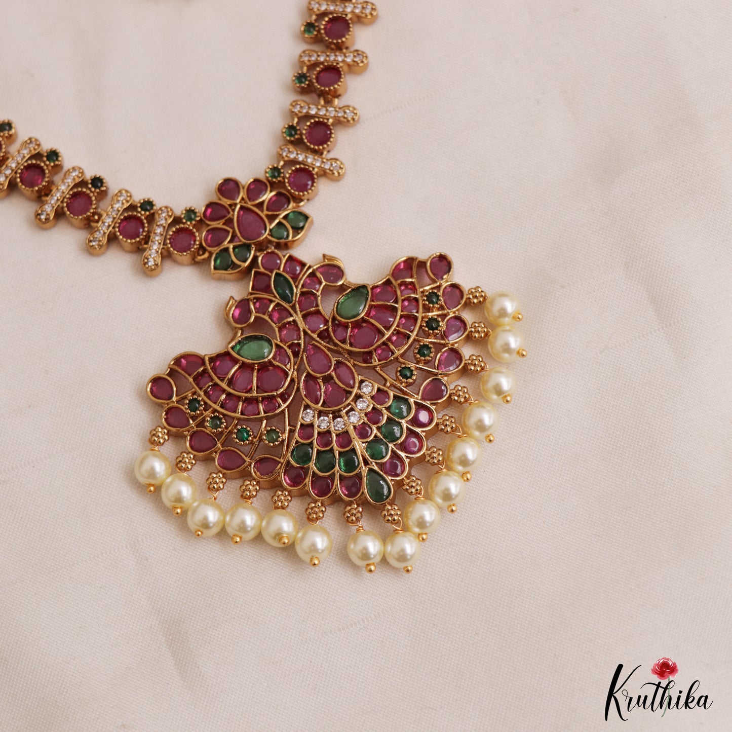 Beautiful Peacock Motifs Jadau Necklace With Pearl Drops NC3038