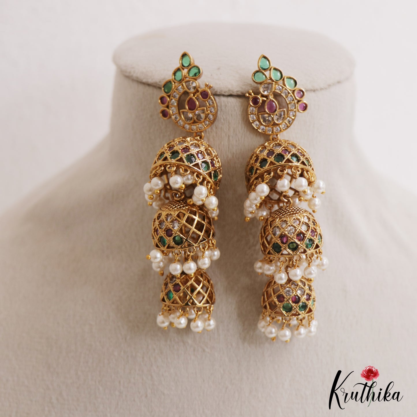 Stunning Peacock Motifs Three Tier Jhumkas With Pearl Drops E1137